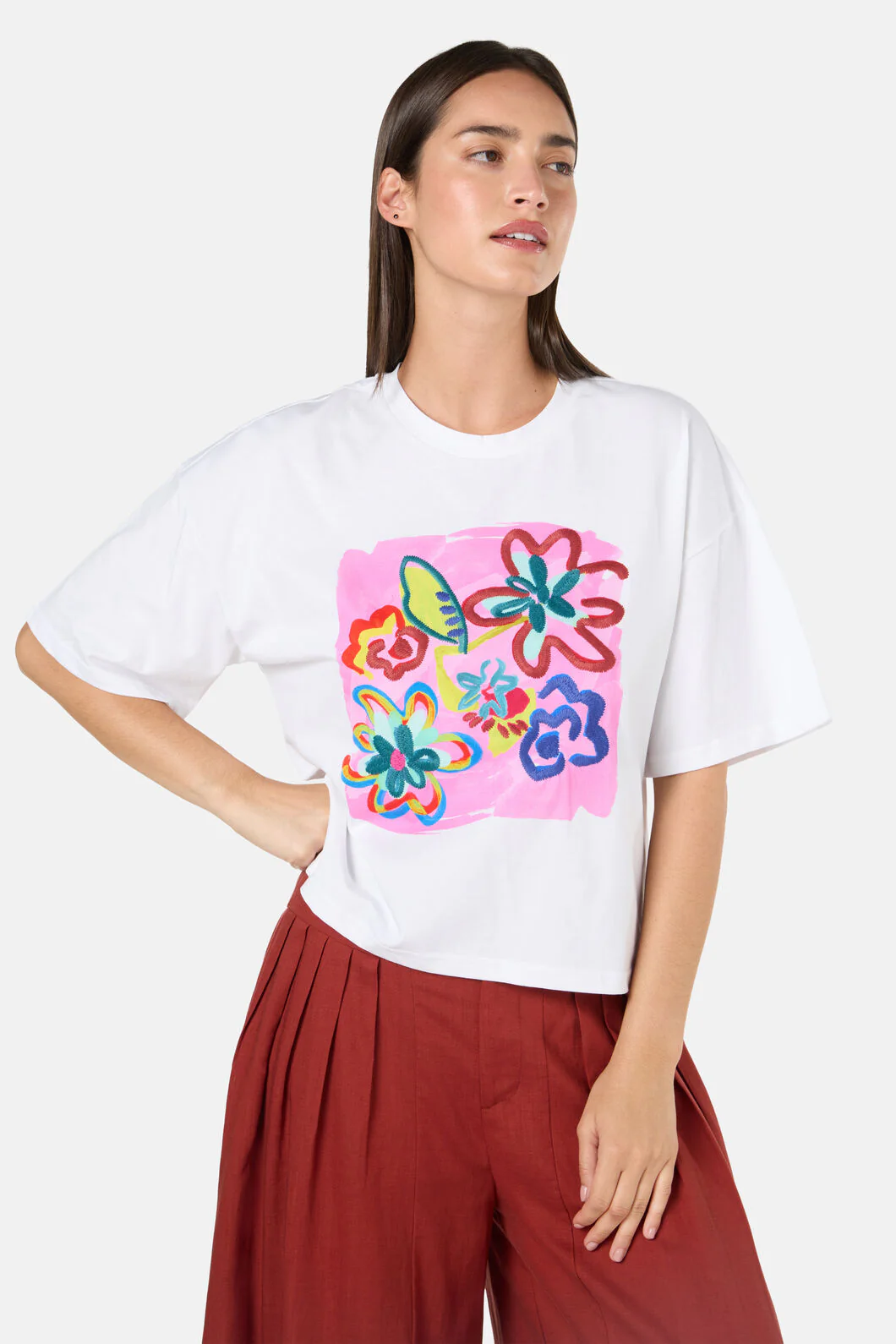 Abstract Flower Embroidered Relaxed Tee