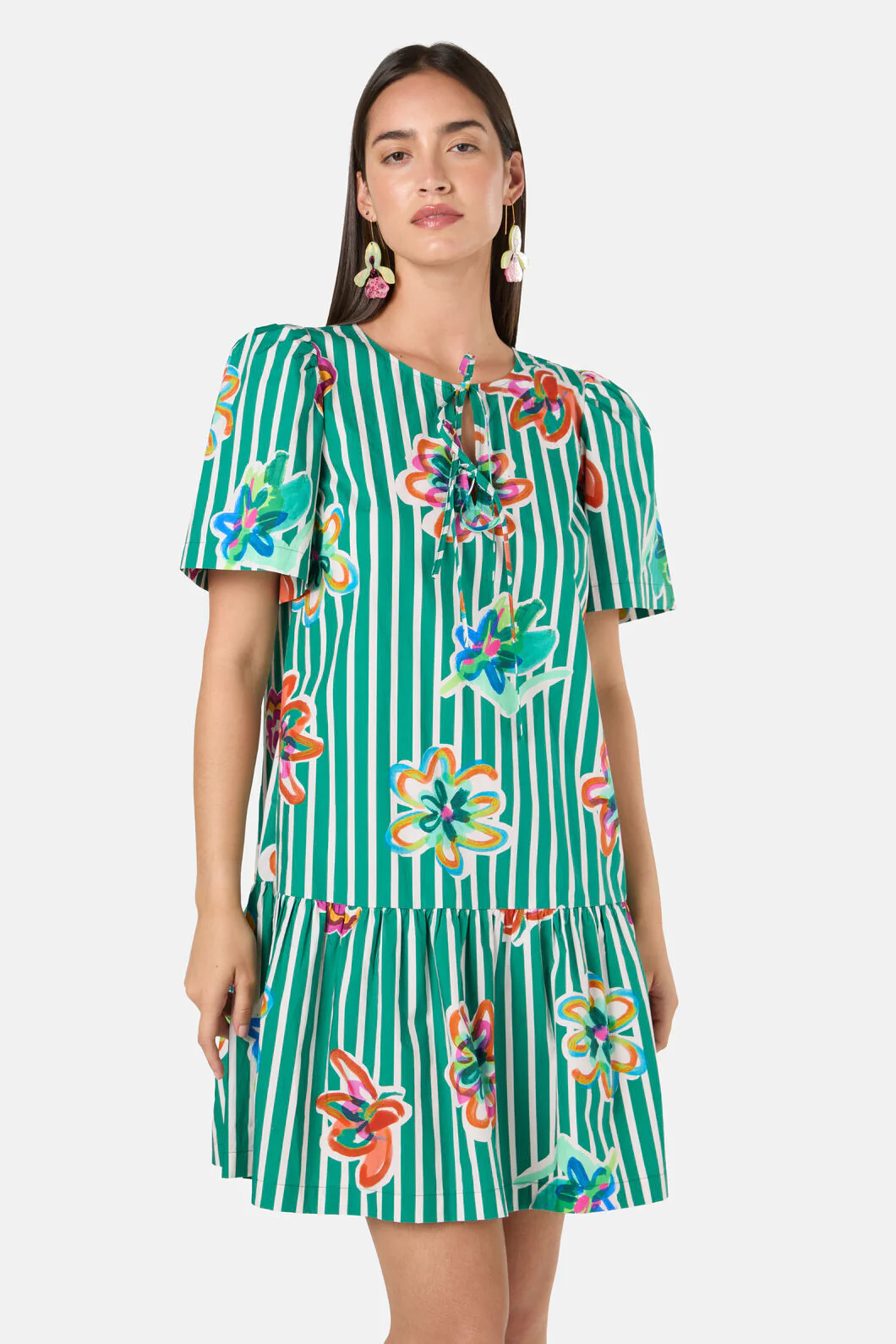 Abstract Flower Tie Smock Dress