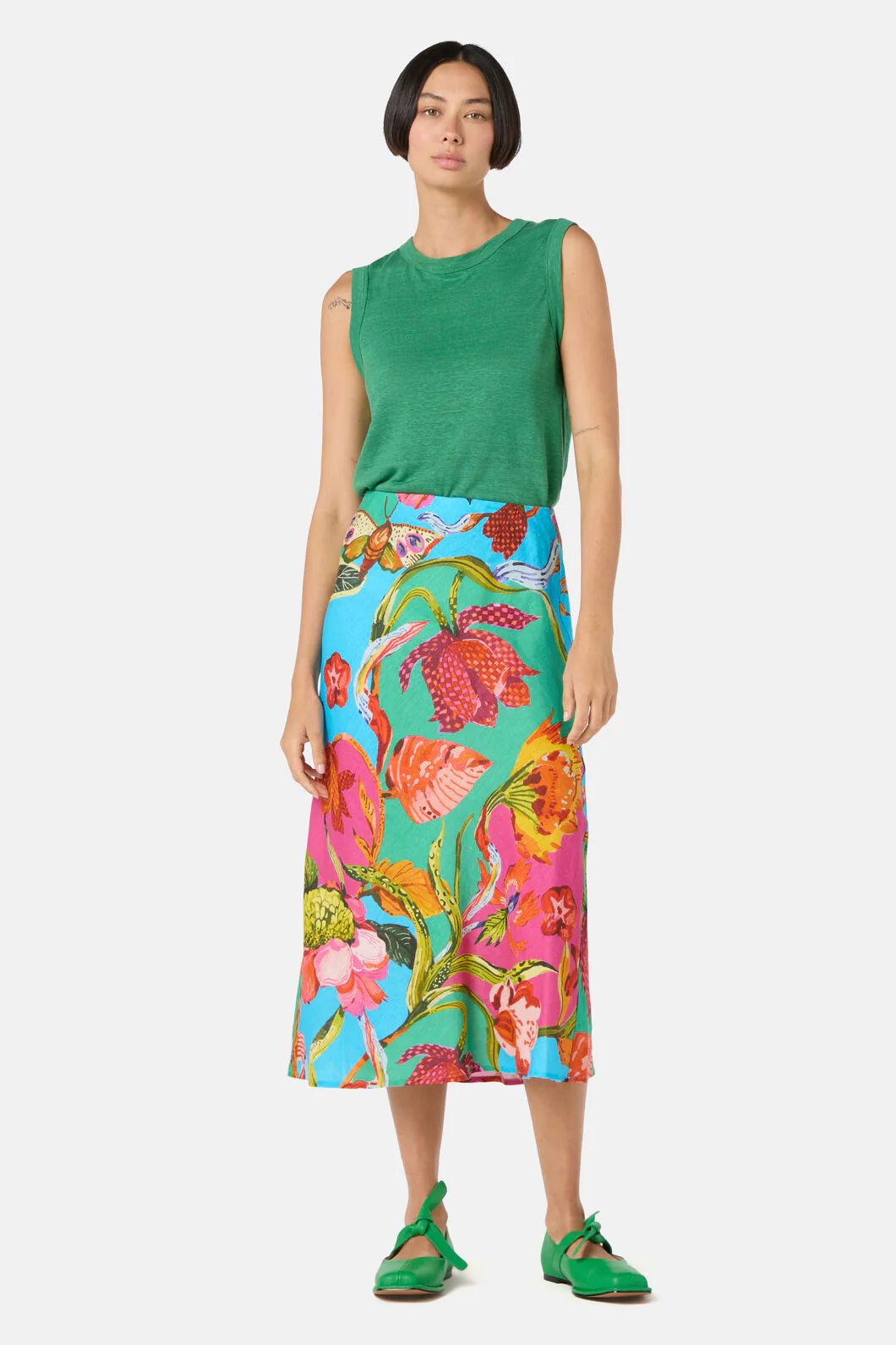 Elara Print Linen Midi Skirt