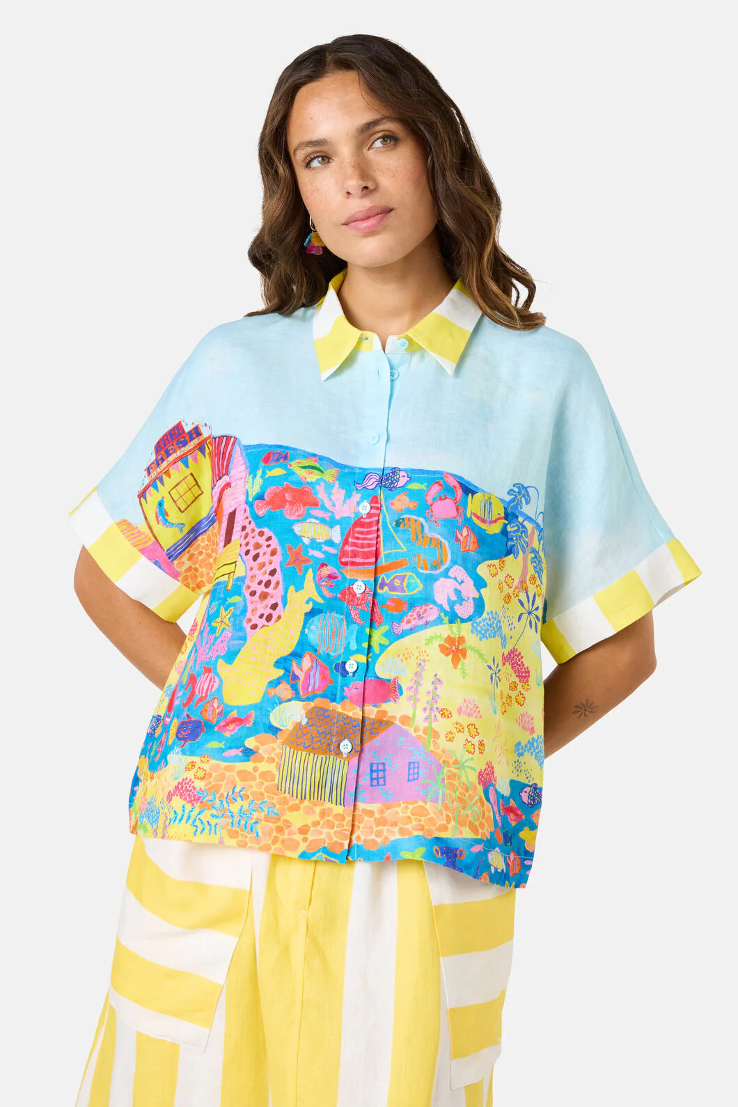 Fish Ahoy Print Linen Shirt