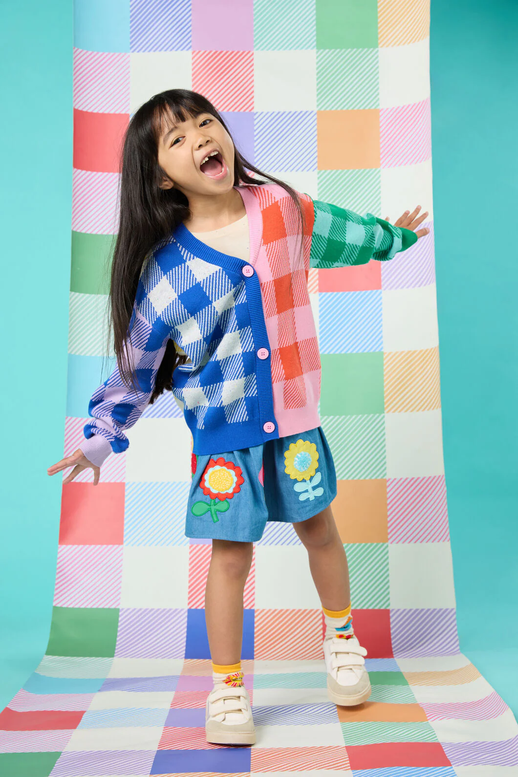 Gingham Splice Kids Cardigan
