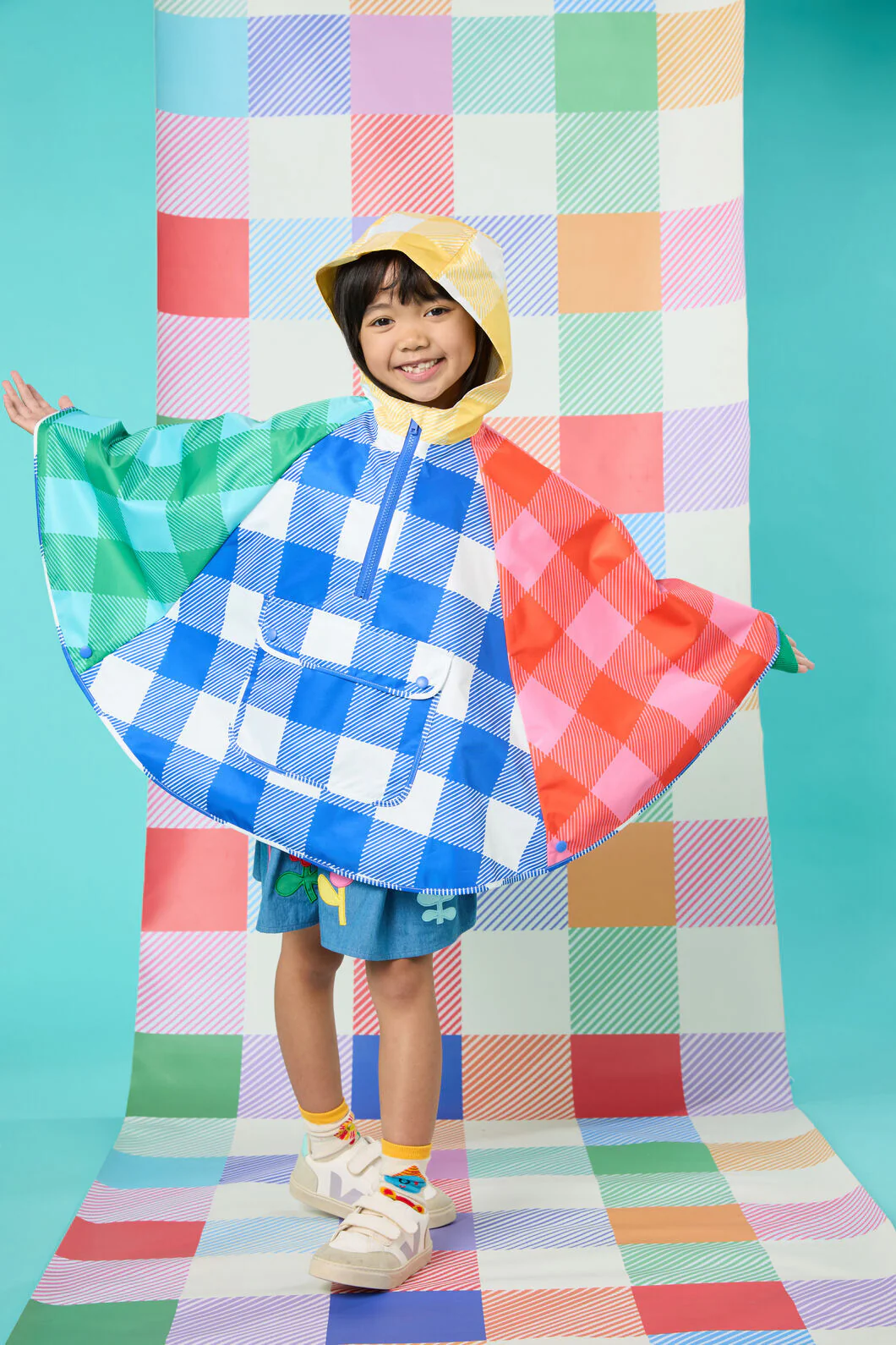 Gingham Splice Kids Poncho