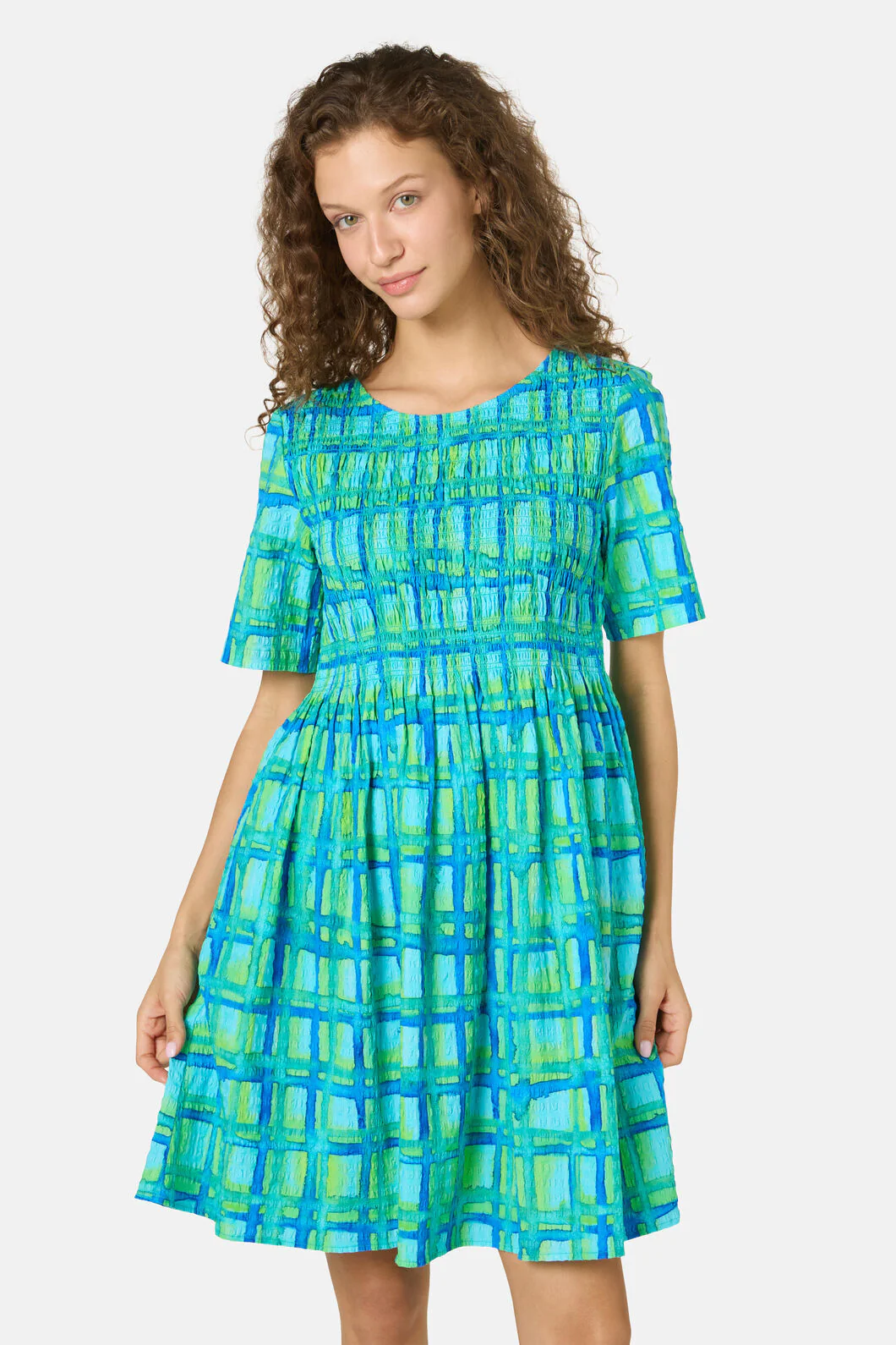 Montage Check Shirring Dress