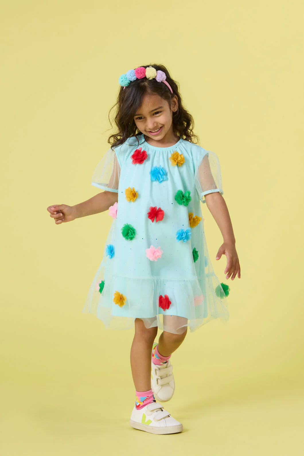 Pompom Mesh Kids Dress